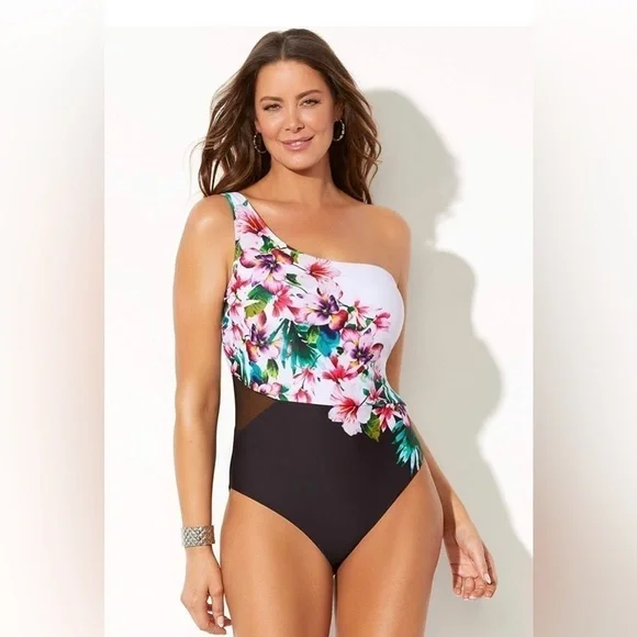 NEW - SWIMSUITS FOR ALL - Pink Floral One Shoulder One Piece Swimsuit - Size 26 - Picture 2 of 11